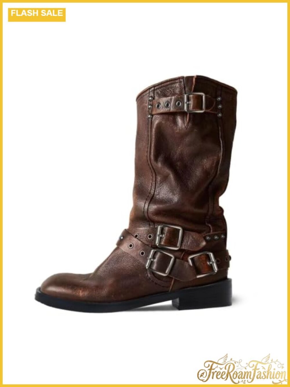 Mid Calf Moto Boots Chunky Block Heel Square Toe Buckle Vegan PU